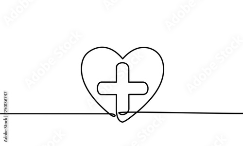 Continuous line drawing of heart with heartbeat on Black and white background. Vector