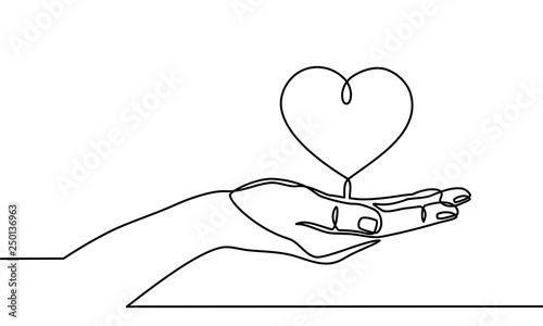 Continuous one line drawing. hands holding heart on white background. Black thin line of hand with heart image. - Vector