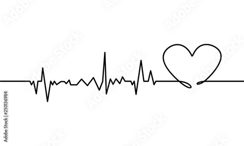 Continuous line drawing of heart with heartbeat on Black and white background. Vector photo