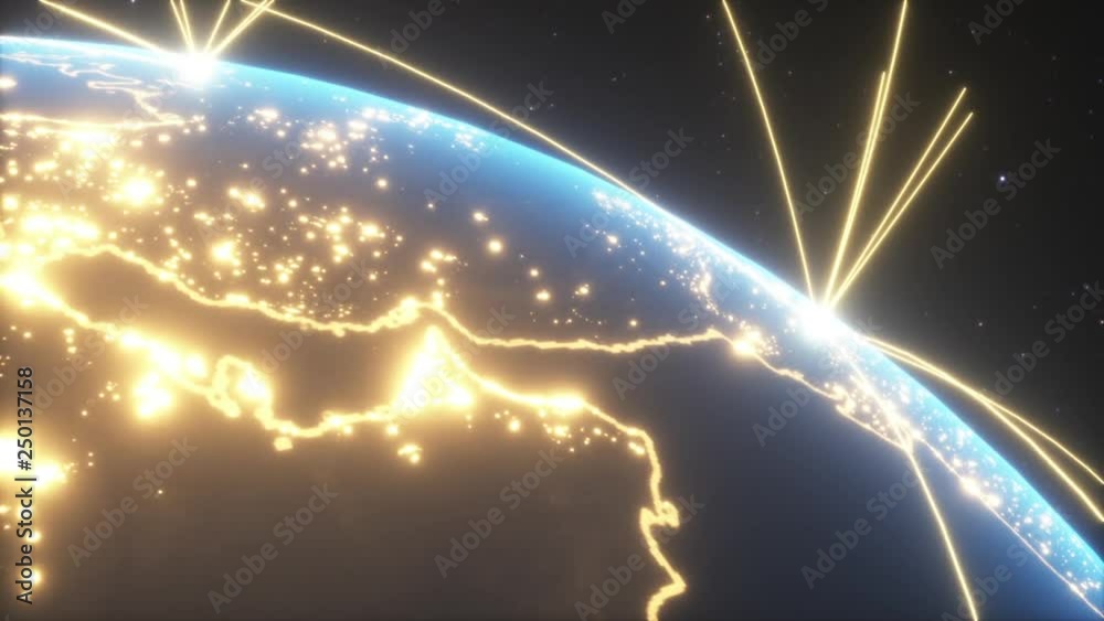 World connections with city lights. Blue. Earth globe. Spinning Earth with light lines growing from major cities all over the world.