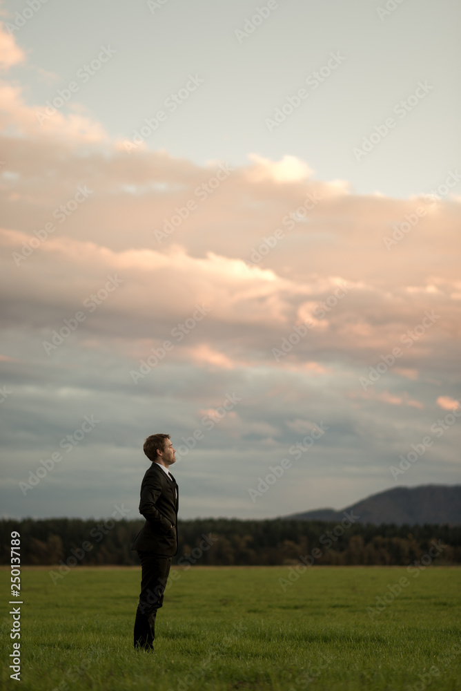 Businessman in a suit standing in green meadow under a glowing evening sky