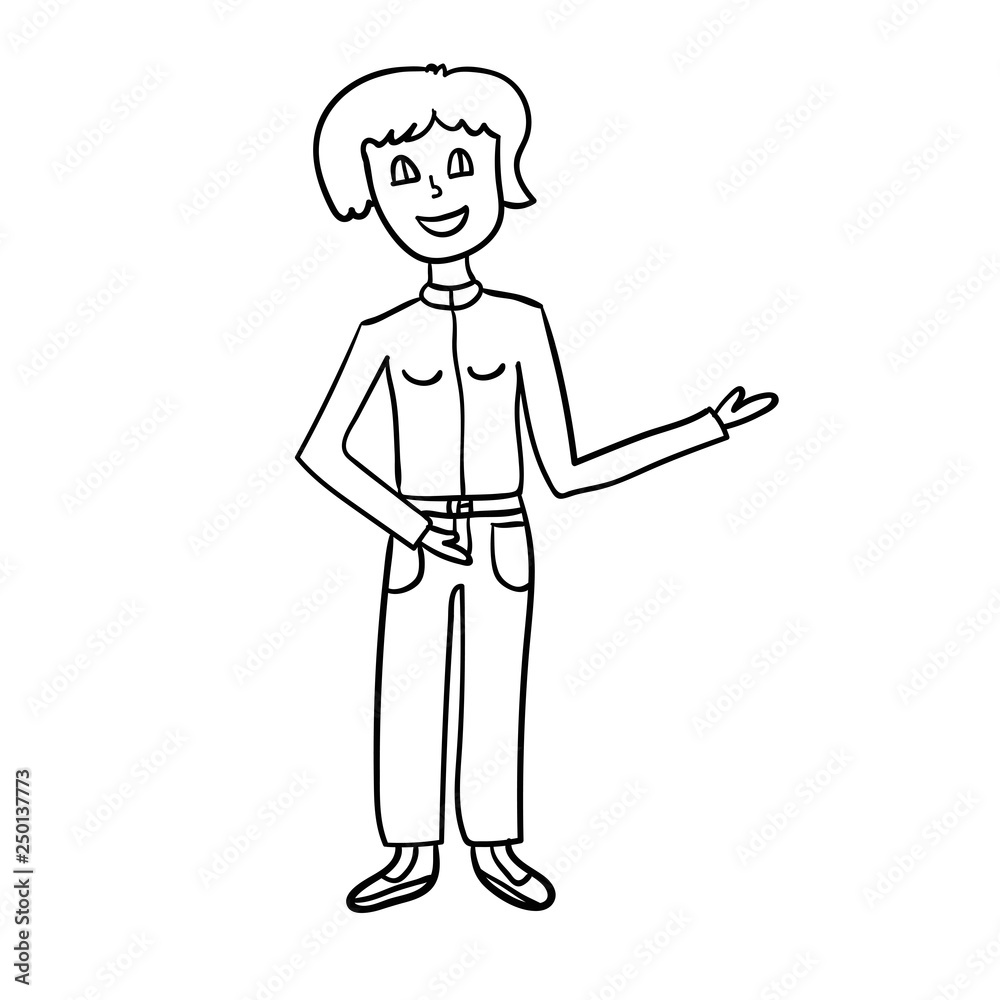 Cartoon doodle linear woman pointing isolated on white background. Vector illustration. Cartoon doodle linear woman pointing isolated on white background. Vector illustration.