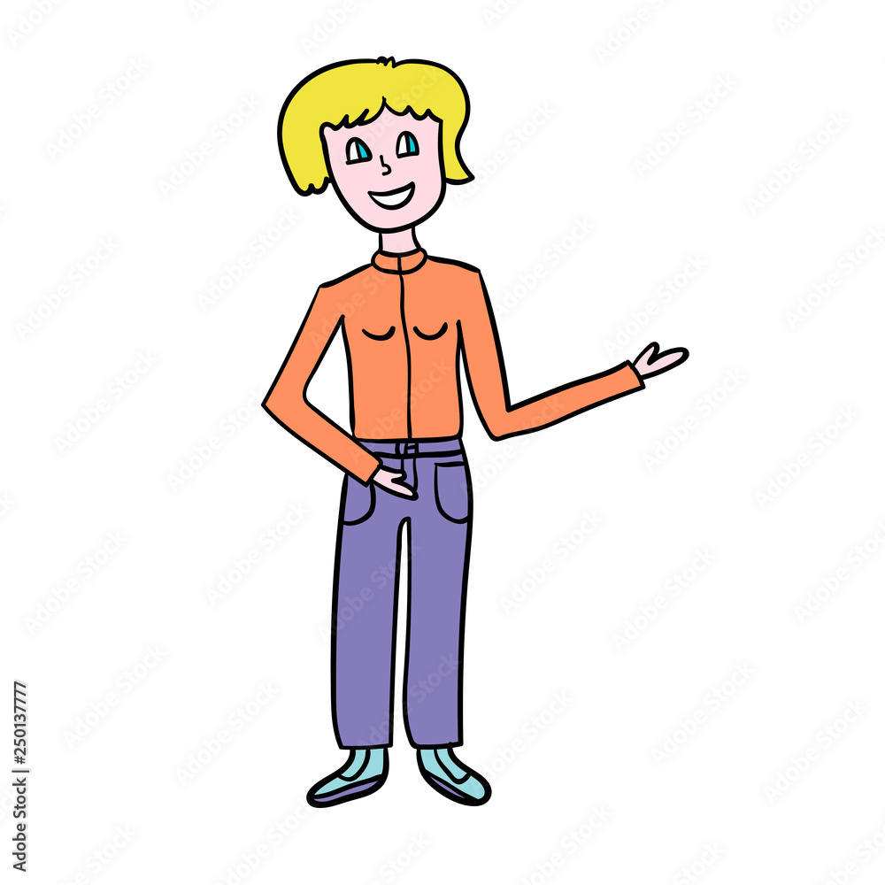 Cartoon doodle linear woman pointing isolated on white background. Vector illustration. Cartoon doodle linear woman pointing isolated on white background. Vector illustration.