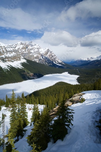 Peyto Lake covered in snow in Banff, Canada