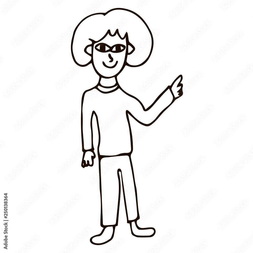 Cartoon doodle linear woman pointing isolated on white background. Vector illustration. Cartoon doodle linear woman pointing isolated on white background. Vector illustration.