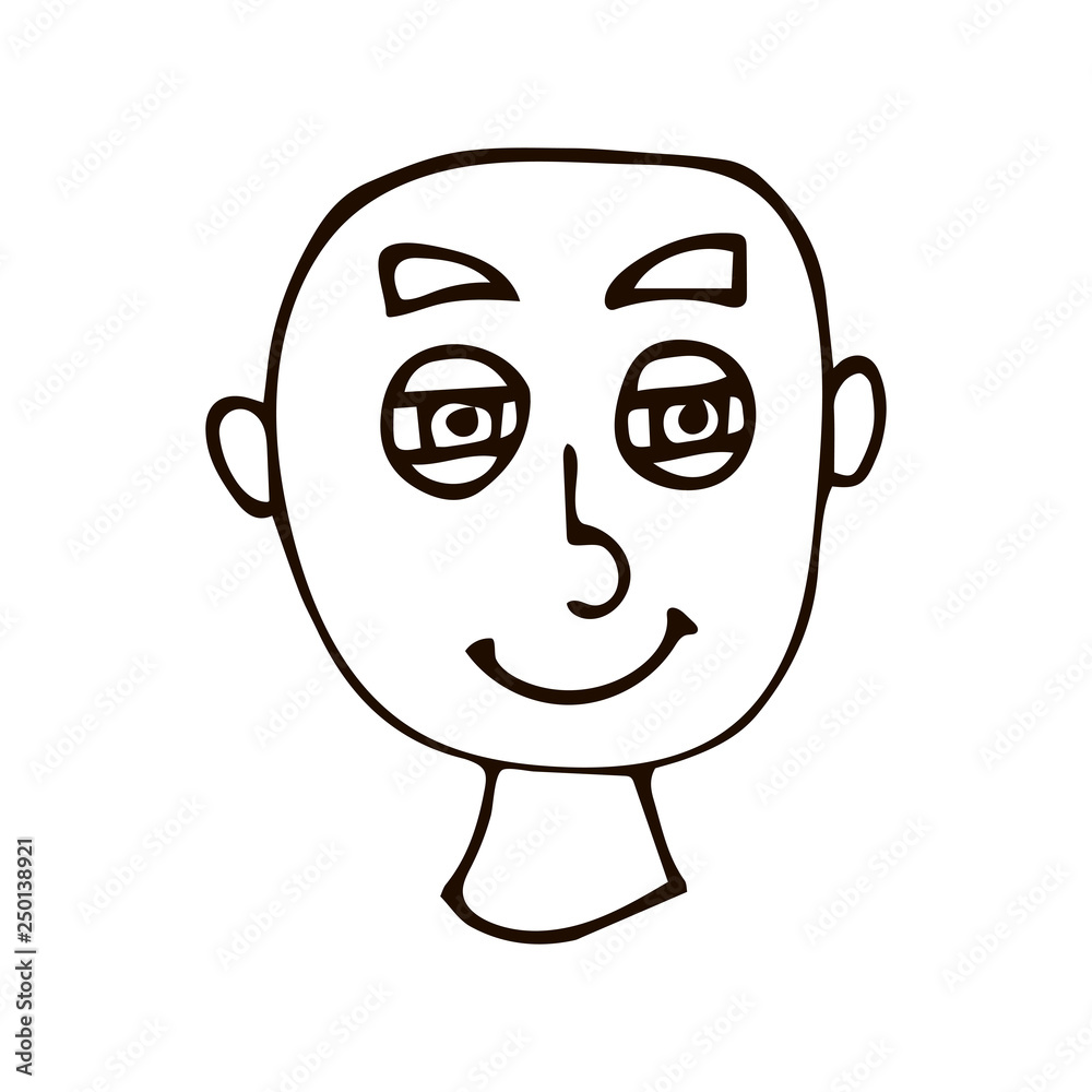 Cartoon doodle linear bald happy face isolated on white background. Vector illustration. Cartoon doodle linear bald happy face isolated on white background. Vector illustration.