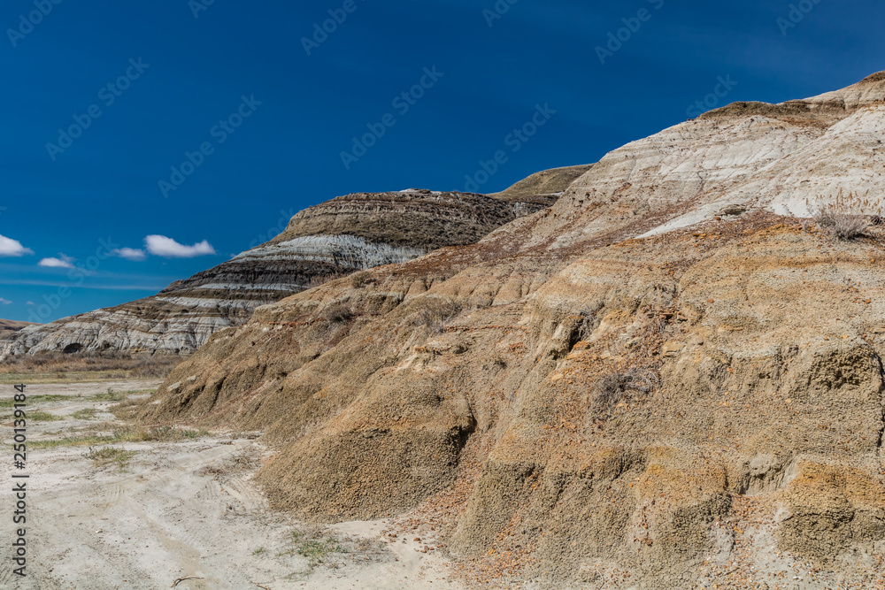 Scars in the ground, multi coloured rings and red rocks mean your in the Badlands, Drumheller, Alberta, Canada