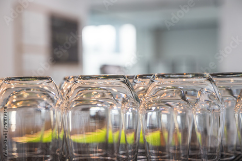 Empty Upside Down Glasses in a Quiet Calm Cafe Warm Light Gastronomy Equipment