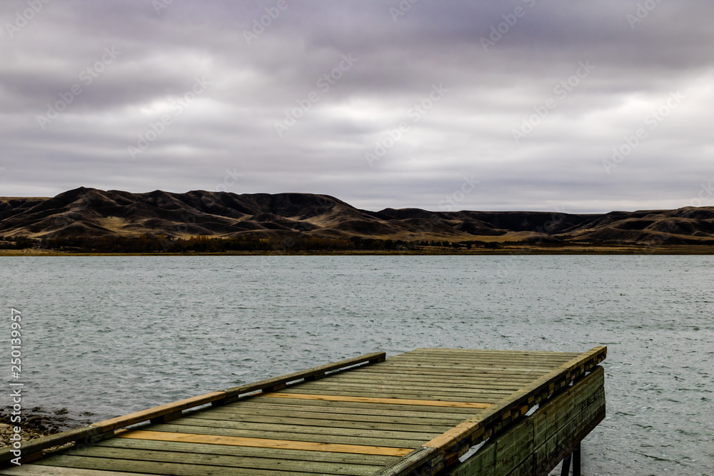 Gloomy stormy skies hang over Diefenbaker Lake, Saskatchewan Landing Provinical Park, Saskatchewan, Canada