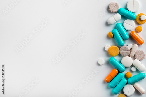 Assorted pharmaceutical medicine pills, tablets and capsules.Pills background.