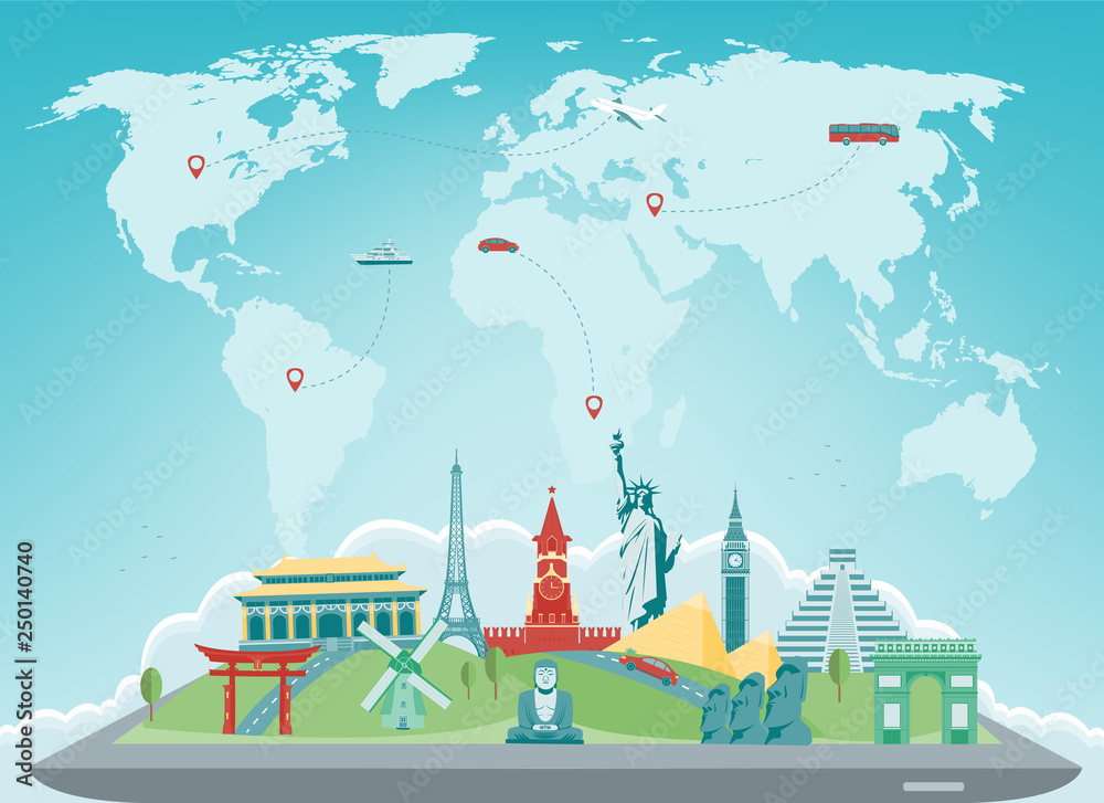 Fototapeta Travel composition with famous world landmarks. Travel and Tourism concept. Vector