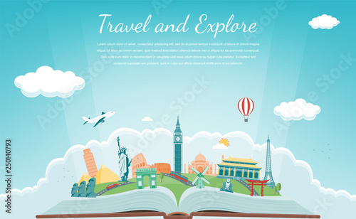 Travel composition with famous world landmarks. Travel and Tourism concept. Vector