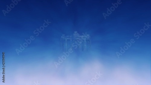 Against the background of the blue sky, a magical fantastic arch arises from the clouds.