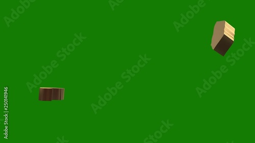 Fragments bitcoin on a green background are assembling into a single whole, 3d animation