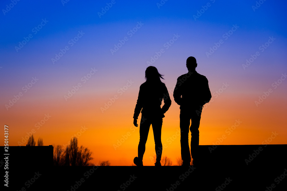 Silhouettes of a girl and a boy at sunset