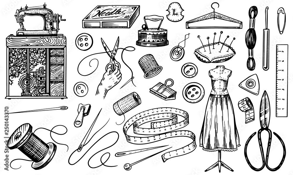 Set of sewing tools and elements or materials for needlework. Handmade