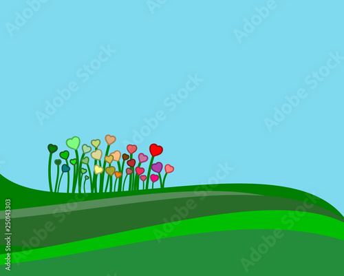 green hills with some colorful flowers in a springtime scene.