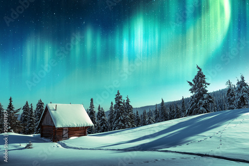 Foto-Schiebegardine ohne Schienensystem - Fantastic winter landscape with wooden house in snowy mountains and northen light in night sky (von Ivan Kmit)