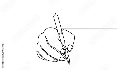 Continuous line drawing of hand writing on paper. Vector illustration for banner, poster, web, template, business card. Black thin line image of hands writing letter icon - Vector