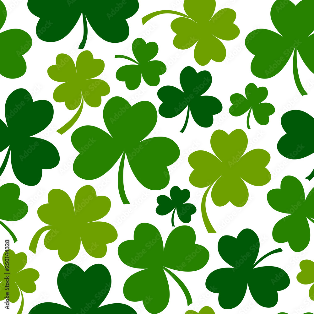 Green seamless pattern with four and tree leaf clovers for Saint Patrick's Day. Vector illustration