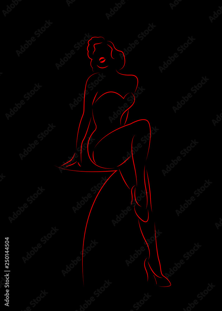 Beautiful sexy woman silhouette diva Hollywood drawn in red outline style,  vector erotic girl outline drawing in white background, burlesque fashion  pin up icon style isolated or black background vector de Stock