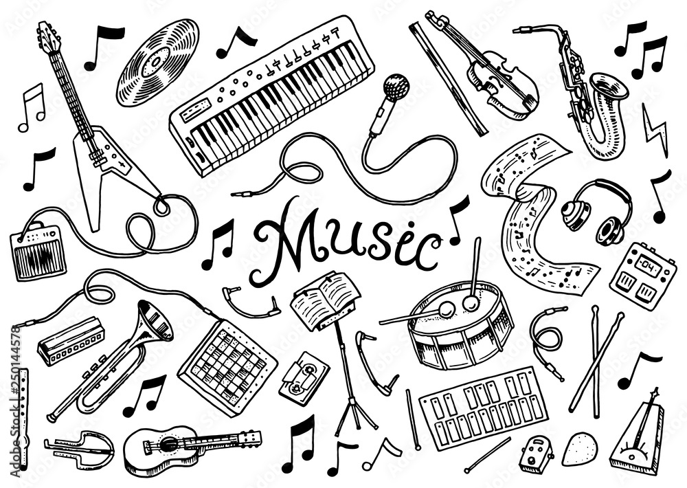 Set of musical symbols and icons. Guitar Drums Piano, creative tools and  hobbies. Vintage outline sketch for web banners. Education concept. Back to  school background. Hand drawn Doodle style. Stock Vector