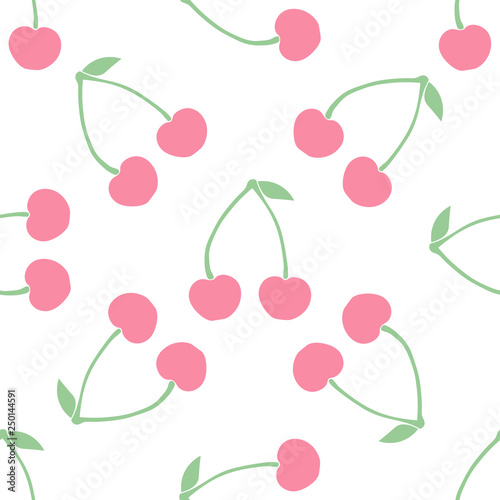 Seamless pattern with double cherry and leaf on white background.
