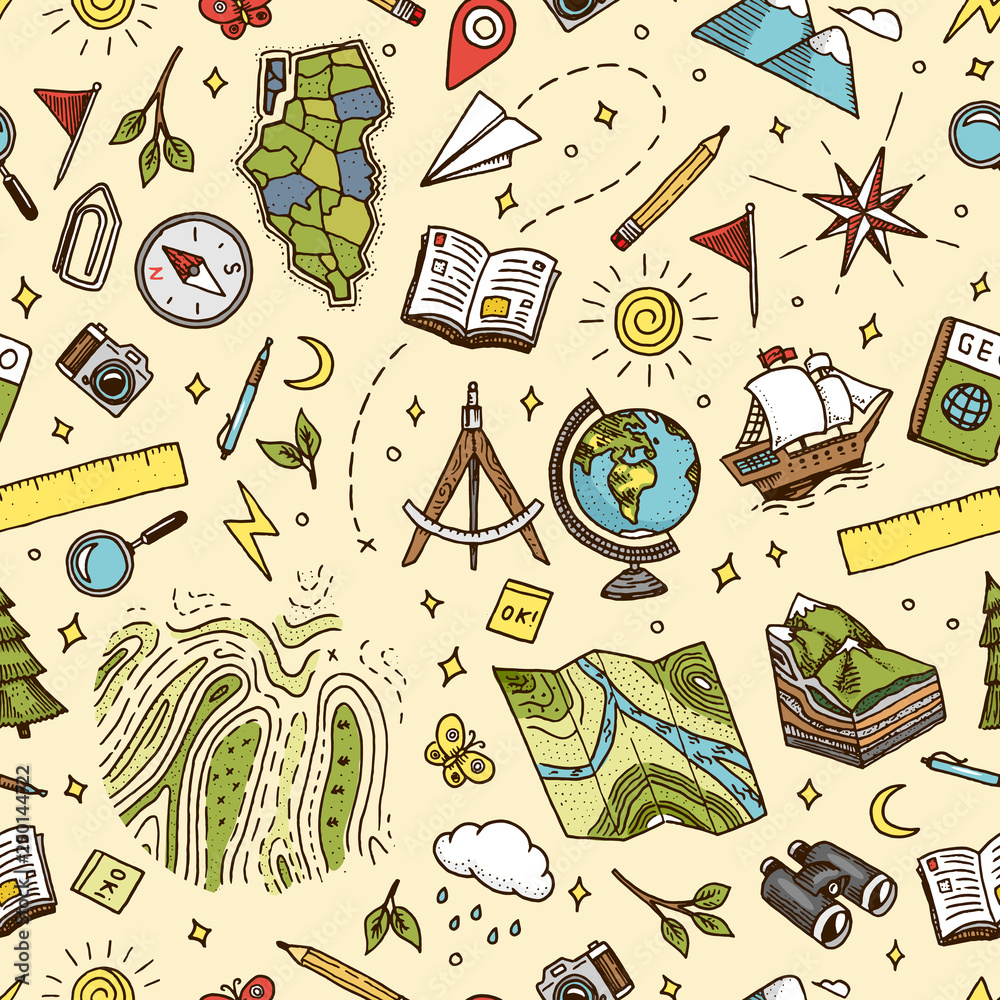 Geography symbols seamless pattern. Equipments for web banners