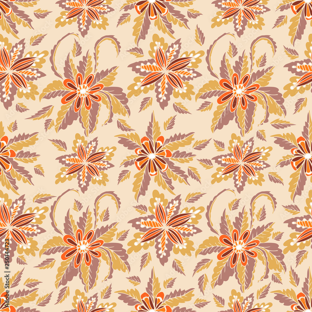 Colorful pastel hand drawn doodle floral seamless pattern on gray. Abstract tropical fantasy flowers, leaves, hawaiian pattern. Cartoon flora. Vector background.
