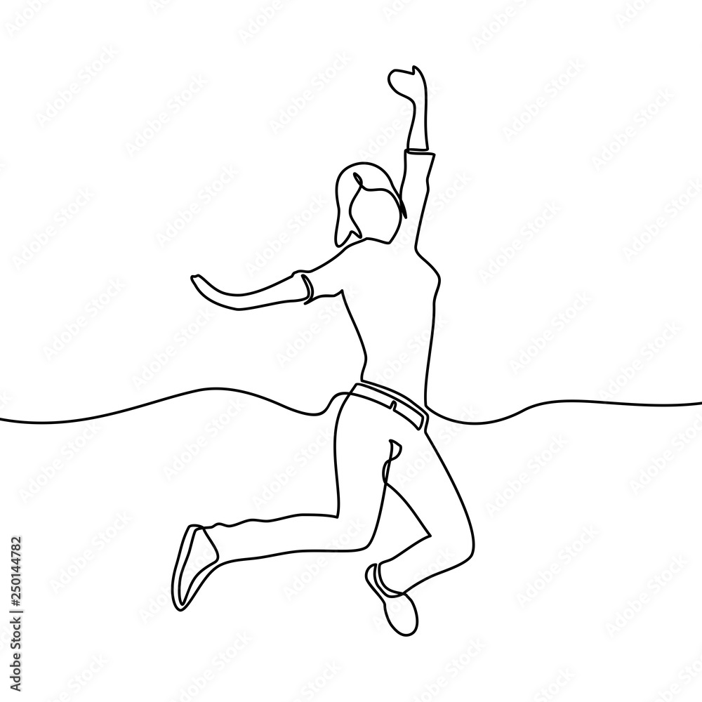 Continuous line drawing of woman happy jumping in air. Vector Stock ...