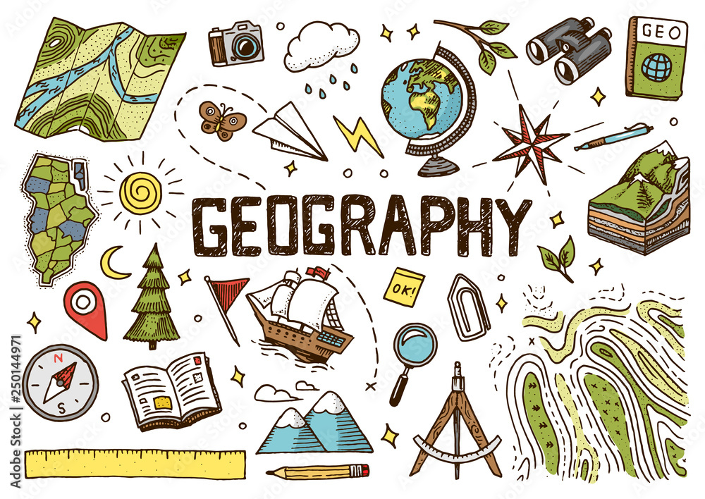 Set Of Geography Symbols Equipments For Web Banners Vintage Outline Set Of Geography Symbols Equipments For Web Banners Vintage Outline