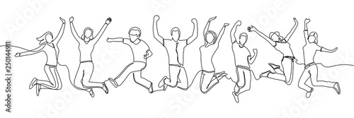 continuous line drawing of jumping happy team members. happiness, freedom, motion and people concept. smiling young friends. jumping in air. vector