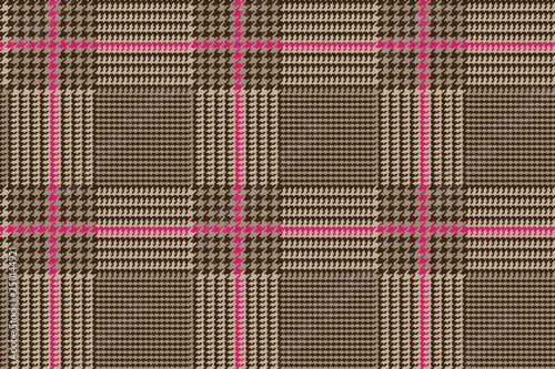 Prince of Wales Style Glen Plaid Pattern in Brown and Beige with Deep Pink Overcheck Stripes