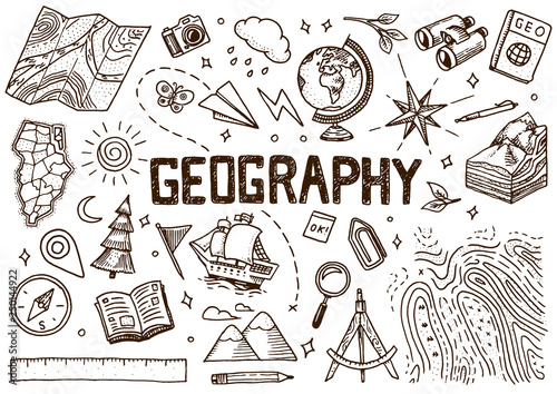 Set of geography symbols. Equipments for web banners. Vintage outline sketch for web banners. Doodle style. Education concept. Back to school background. Hand drawn style.