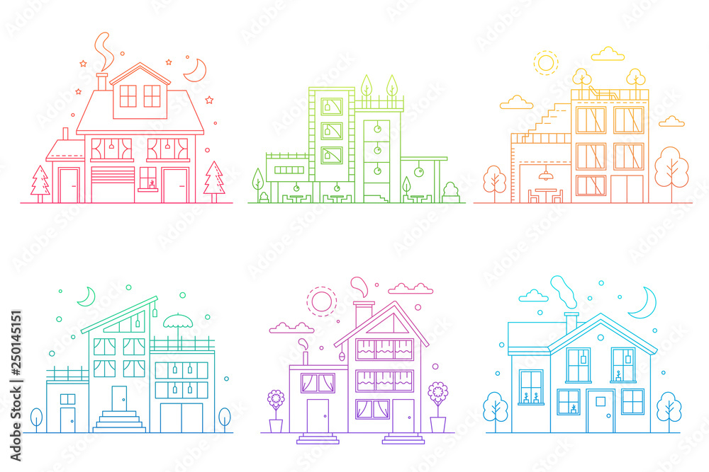 Set of gradient line urban and suburban houses isolated outline vector illustration.