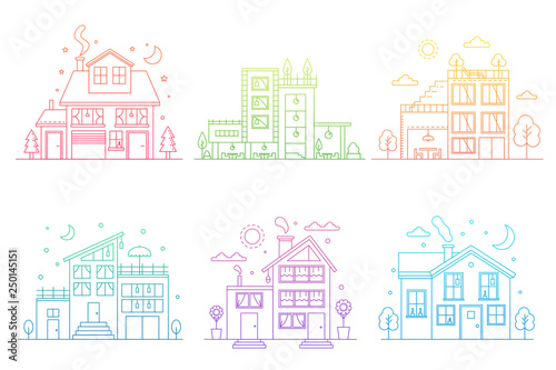Set of gradient line urban and suburban houses isolated outline vector illustration.