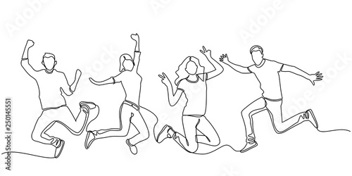 continuous line drawing of jumping happy team members. happiness, freedom, motion and people concept. smiling young friends. jumping in air. vector