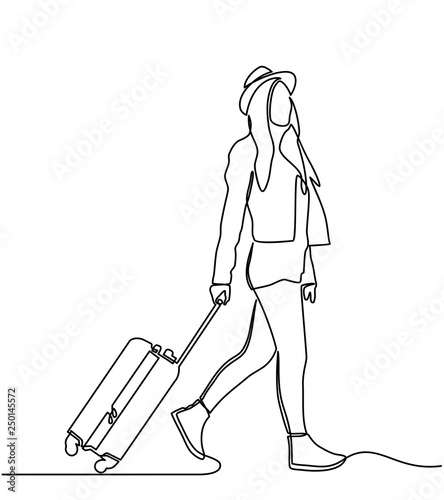 continuous line drawing of woman pulling suitcases on vacation trips. vector