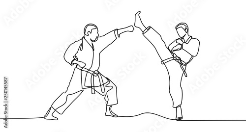 continuous line drawing of two male karate athlete - Vector