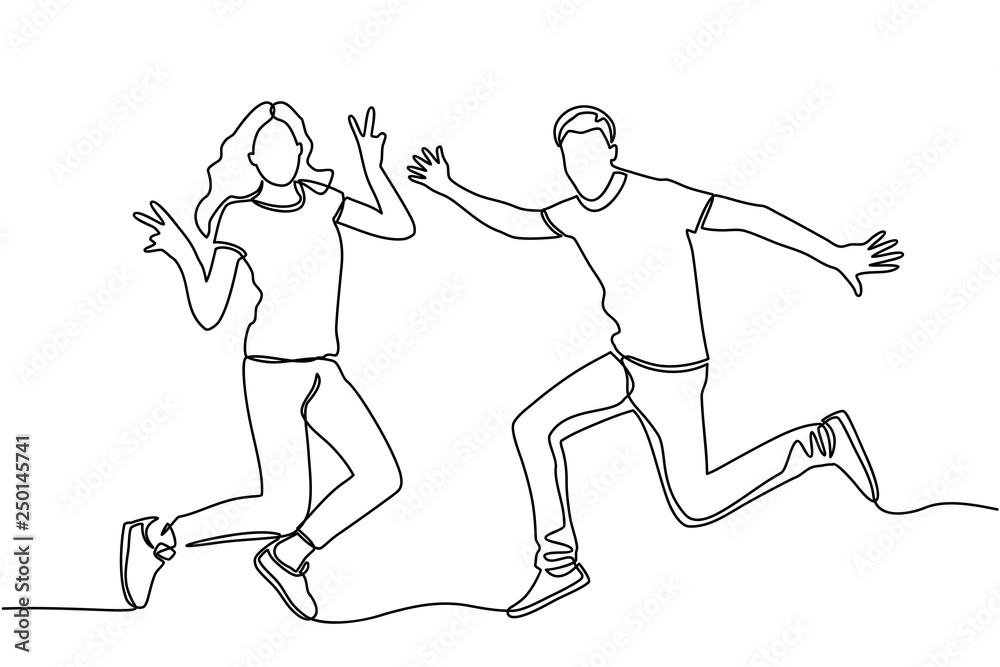 Continuous line drawing business concept sketch of happy jumping couple. Vector