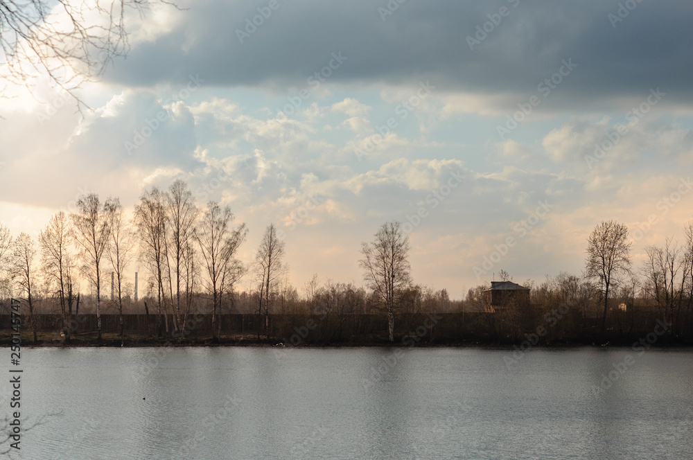 Fototapeta premium View of the wide river on a cloudy day in early spring