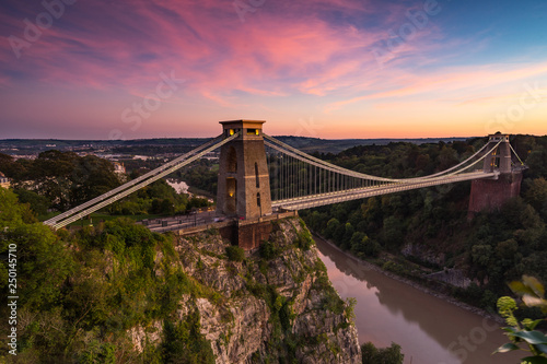 View of the Clifton suspension Bridge at sunset in Bristol