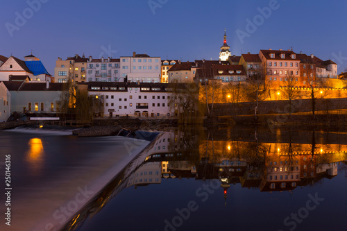 Night winter royal medieval Town Pisek with the Castle above the river Otava  Czech Republic 