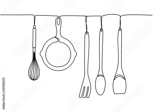 Continuous one line drawing. Fork, spoons, knife plates and all eating and cooking utensils, can be used for restaurant logos, cakes, business cards, banners and others. Black and white vector illustr