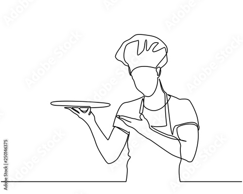 continuous line drawing of chef cooks or makes bread, toque chef hats isolated from white backgrounds. chef holds an empty empty round plate with a place for food. one line chef vector - Vector