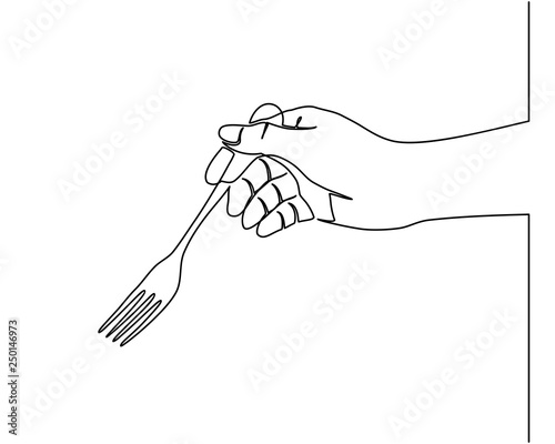 Continuous line drawing of hands holding a fork, spoon. Vector
