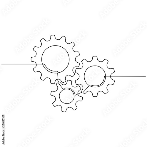 Continuous line drawing of gears wheel. Gears are drawn by a single line on a white background. Vector - Vector