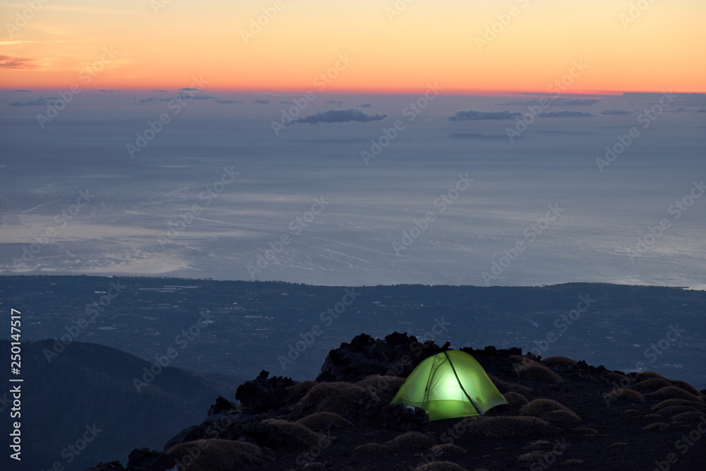Illuminated Tent On View Coast At Dawn