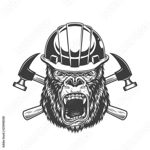 Ferocious gorilla head in builder helmet