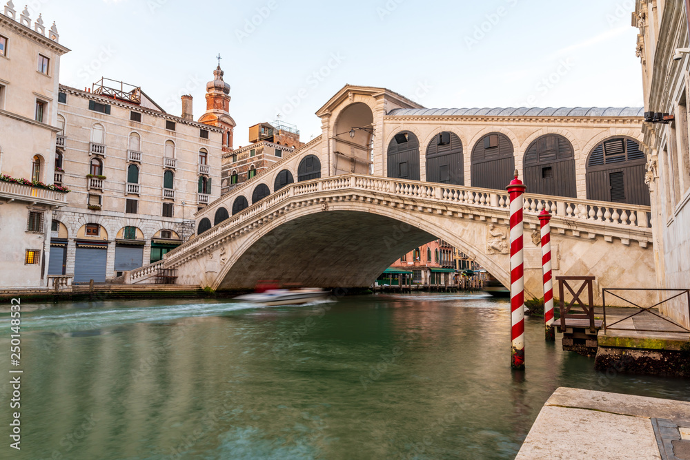Grand Canal and Rialto bridge in Venice, Italy. View of Venice Rialto bridge. Architecture and landmarks of Venice